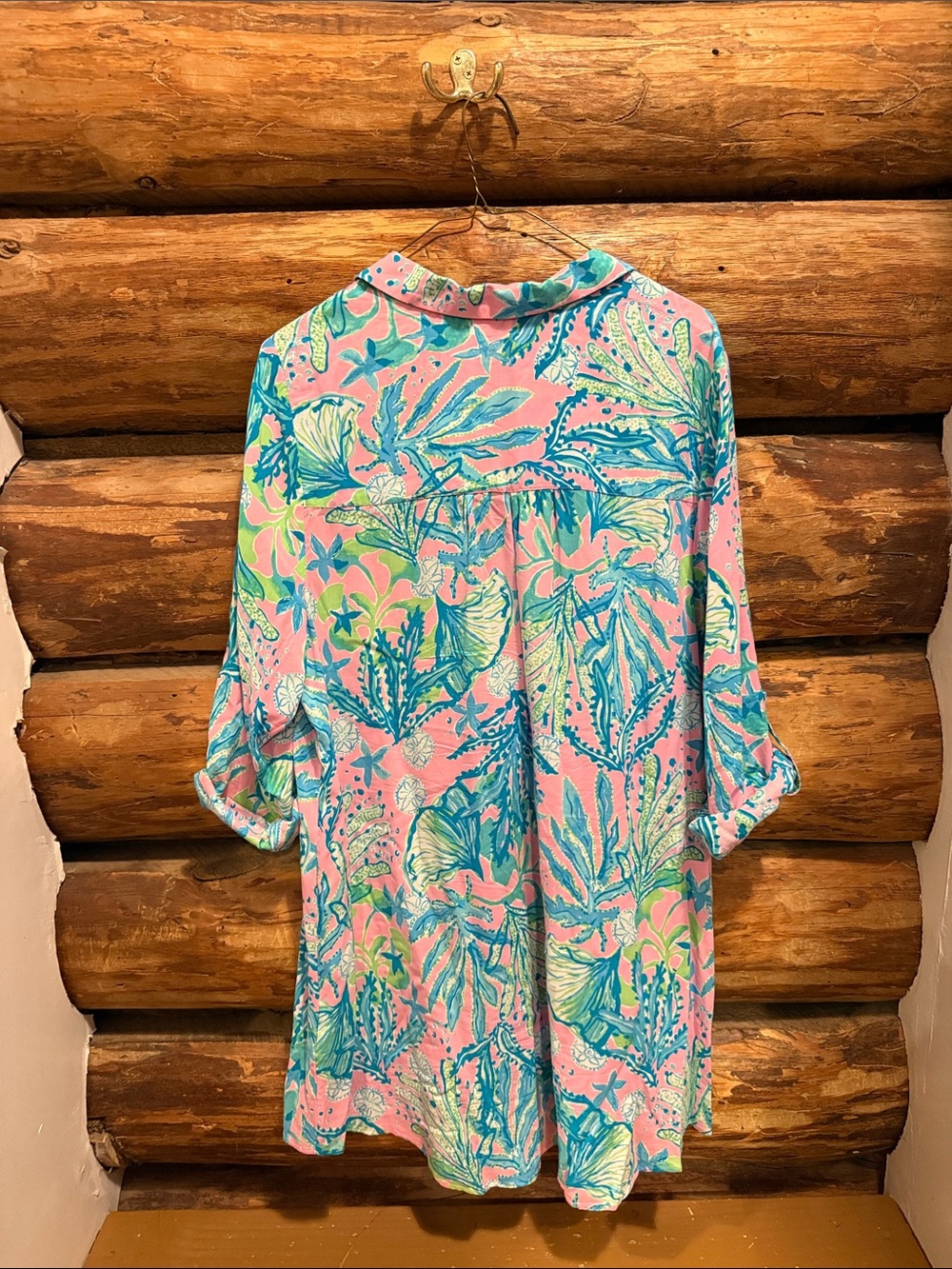 🌸GUC L Lilly Pulitzer Pink Aqua Green Palm Print Shirtdress Coverup - Picture 4 of 4